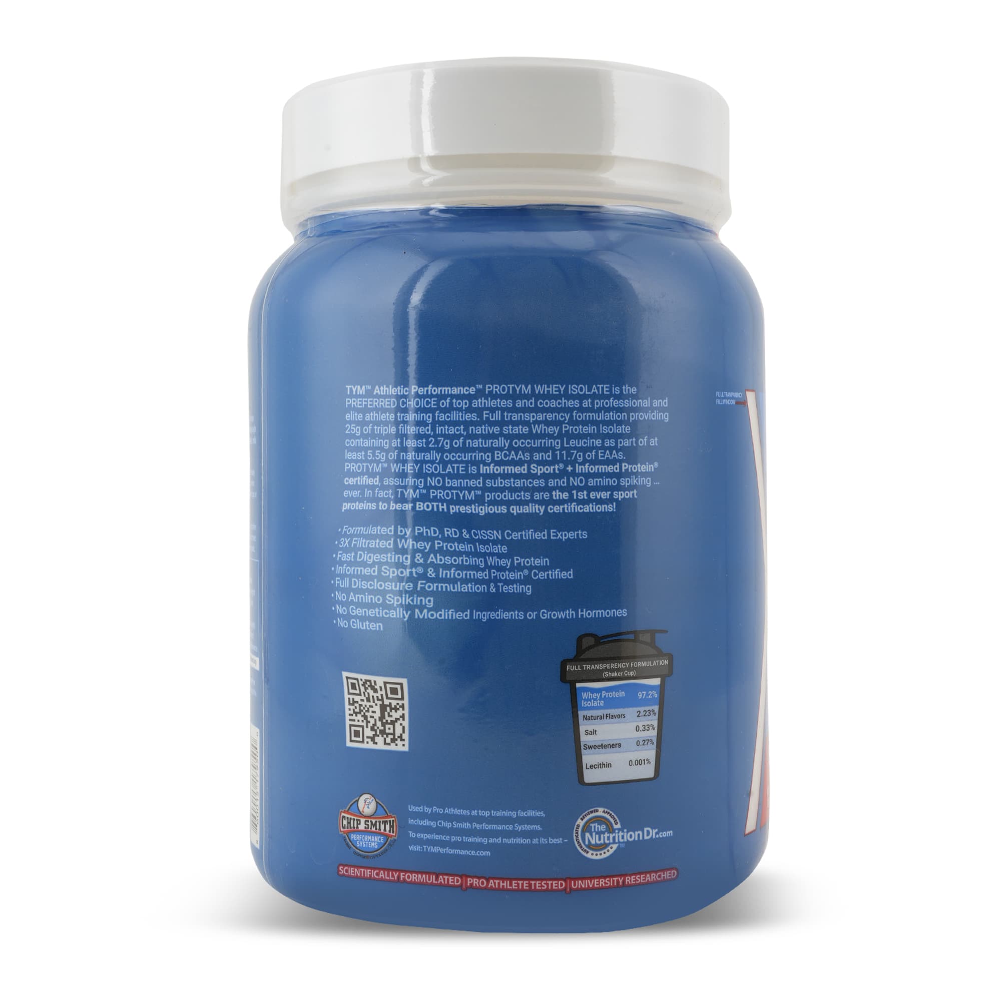 ProTYM Whey Isolate back label: full-transparency formulation breakdown