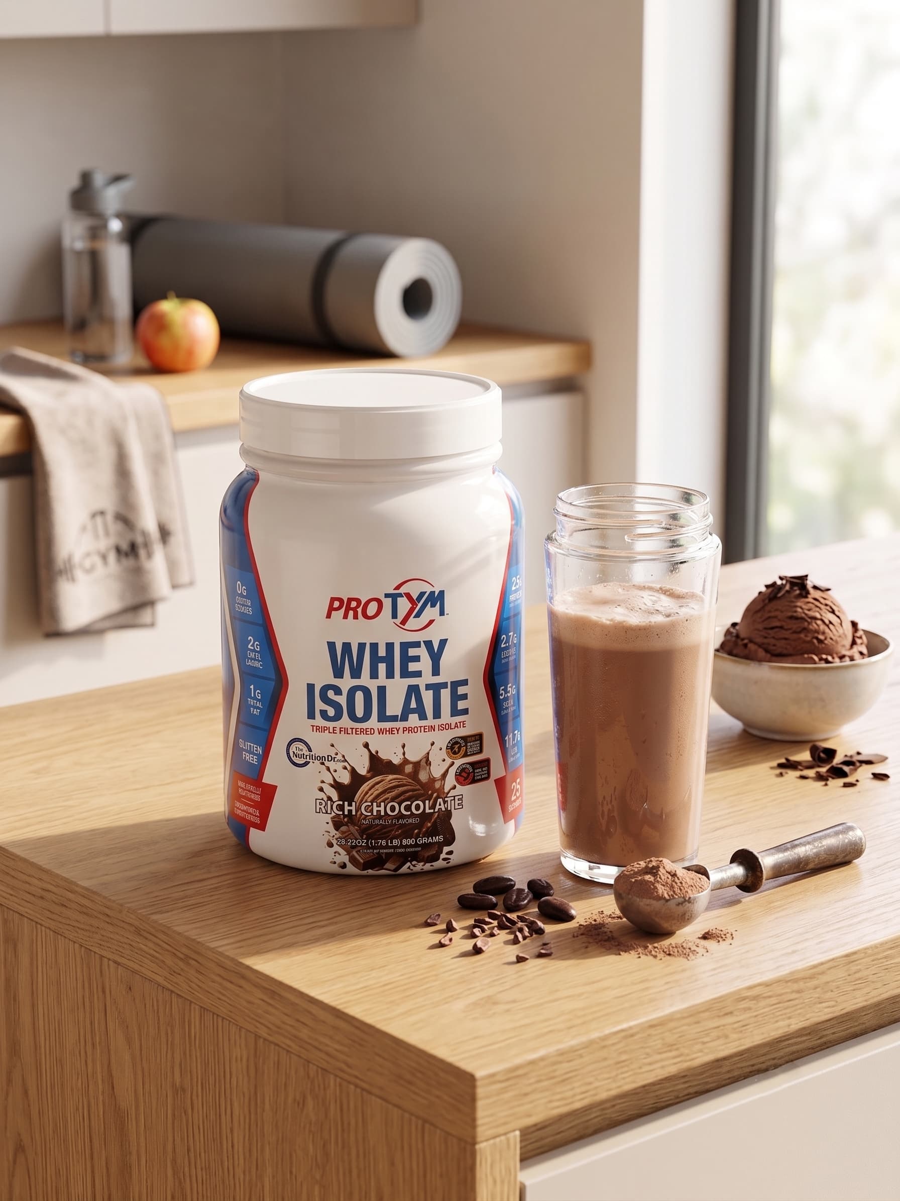 ProTYM Rich Chocolate tub with a freshly blended shake