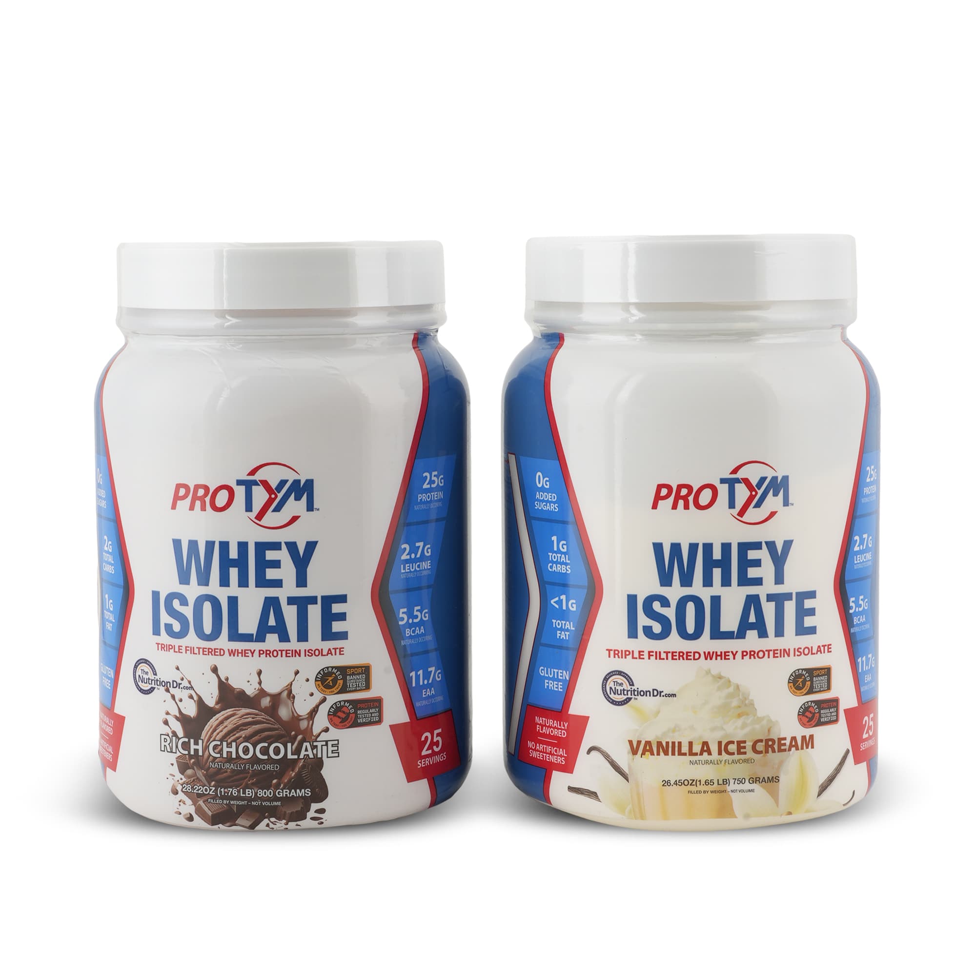 ProTYM Whey Isolate: Rich Chocolate and Vanilla Ice Cream tubs
