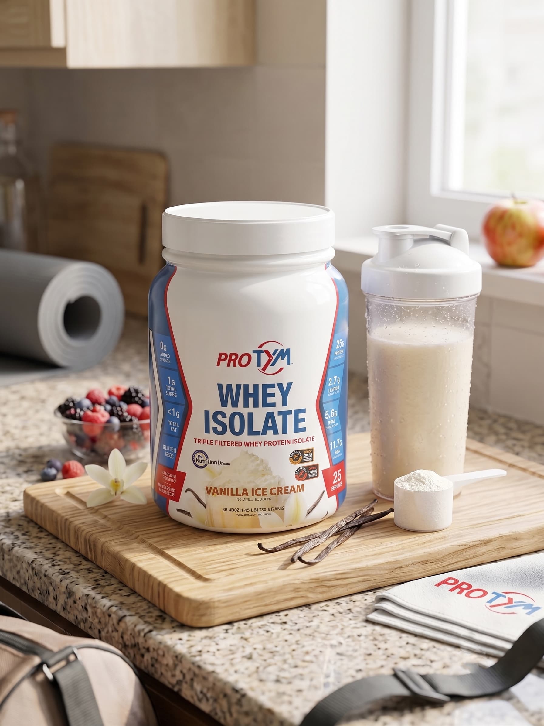 ProTYM Vanilla Ice Cream tub with a shaker on a cutting board